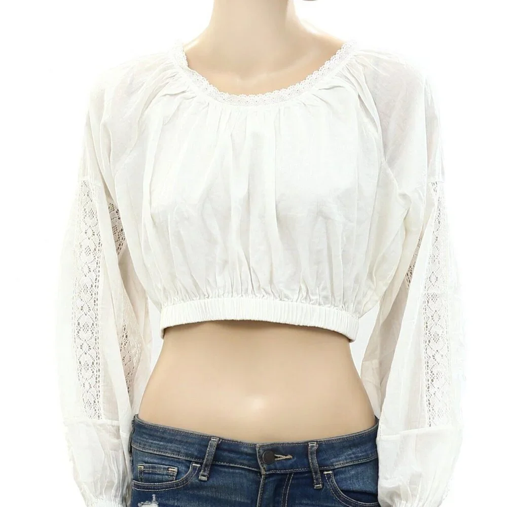 Ulla Johnson Lace Cropped Solid Top Long Sleeve Ivory Cotton Blouse M New